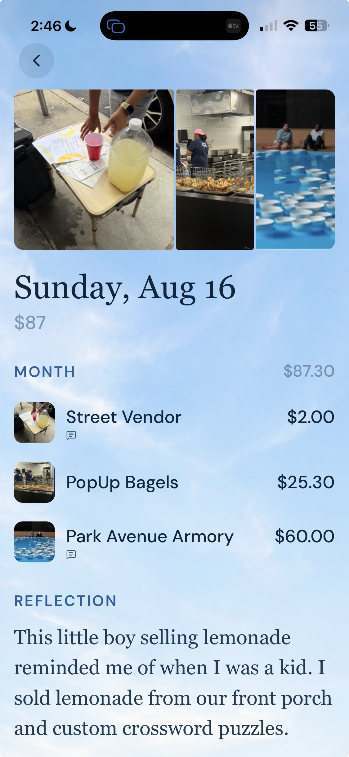 A day in a Carlo diary — Sunday, Aug 16, $87 — with photos, three purchases, and a personal reflection the person wrote about a boy selling lemonade reminding them of their own childhood.