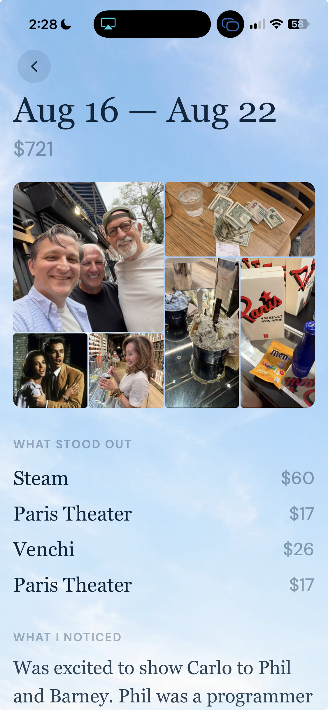Carlo's weekly review for Aug 16 to Aug 22, $721: a collage of the week's photos, a 