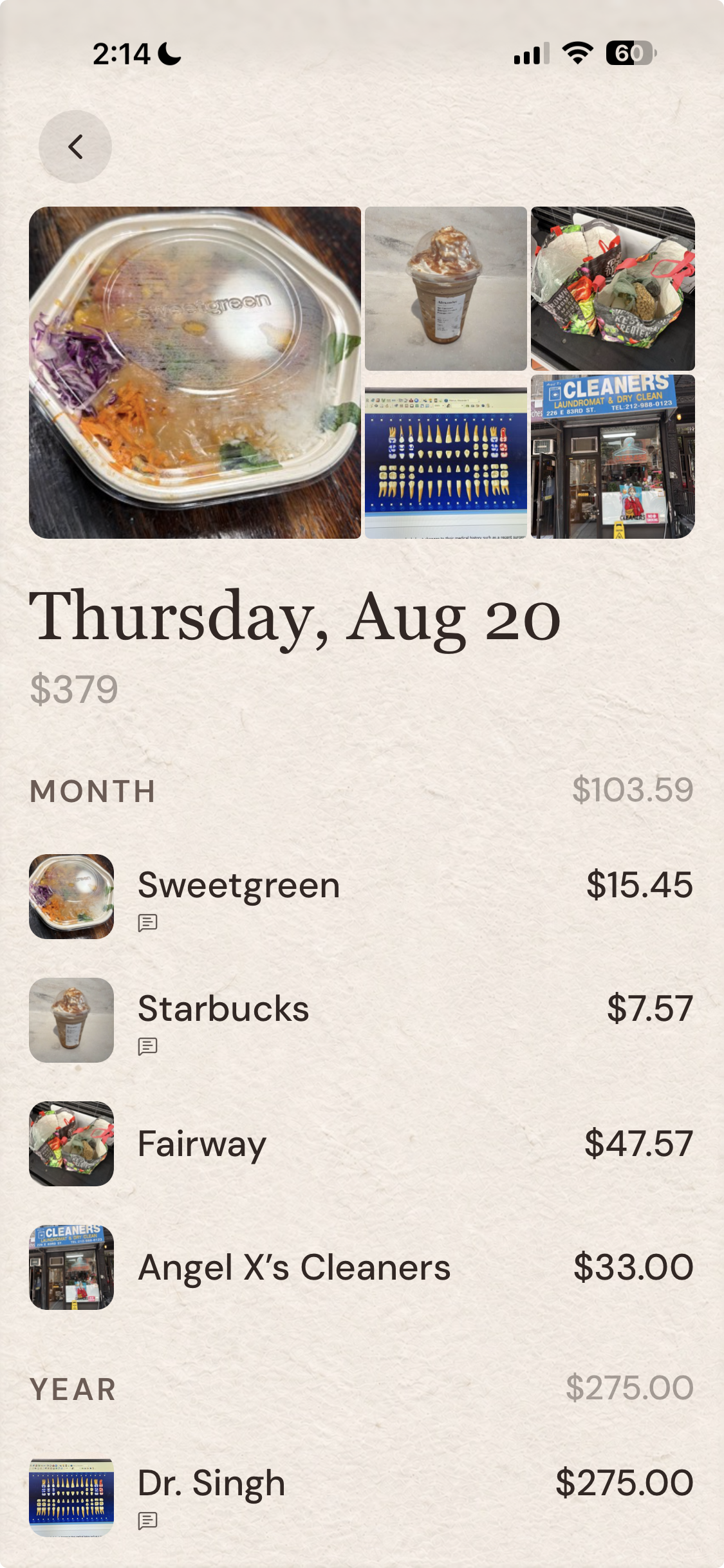 A day in a Carlo diary — Thursday, Aug 20, $379 — opening to a collage of that day's photos and then each purchase listed with its own thumbnail: Sweetgreen $15.45, Starbucks $7.57, Fairway $47.57, Angel X's Cleaners $33.00, and Dr. Singh $275.00.