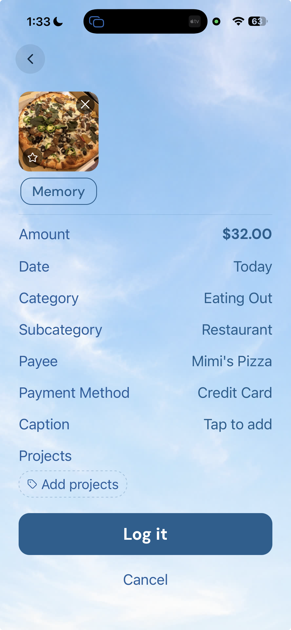 Logging a purchase in Carlo: a photo of a pizza marked as a memory, amount $32.00, category Eating Out, subcategory Restaurant, payee Mimi's Pizza, paid by credit card, and a Log it button.