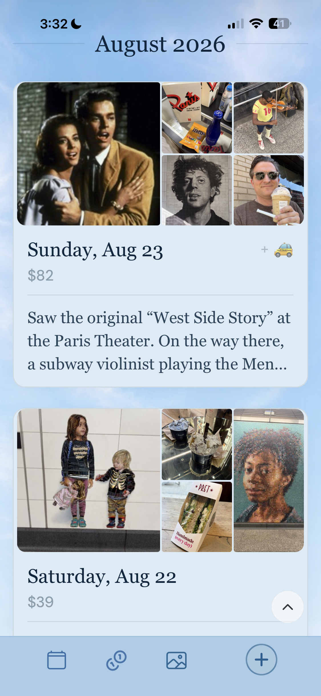 A Carlo diary for August 2026, scrolled back through two days: Sunday, Aug 23, $82 — the original West Side Story at the Paris Theater and a subway violinist on the way — and Saturday, Aug 22, $39, each with a collage of that day's photos.
