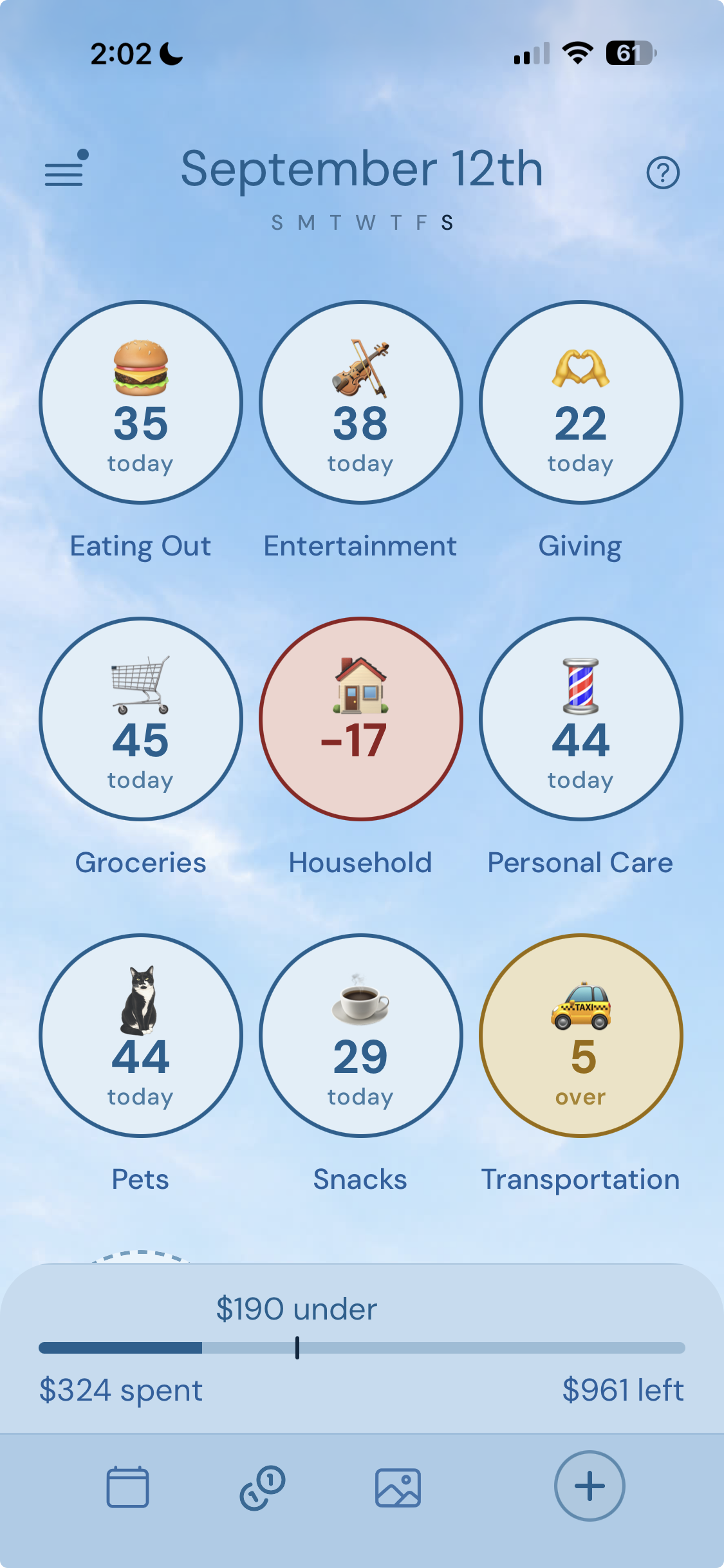 Carlo's daily view for September 12th: nine spending categories as rings — Eating Out, Entertainment, Giving, Groceries, Household, Personal Care, Pets, Snacks and Transportation — with Household at minus 17 and Transportation 5 over, and $190 under overall, $324 spent and $961 left.